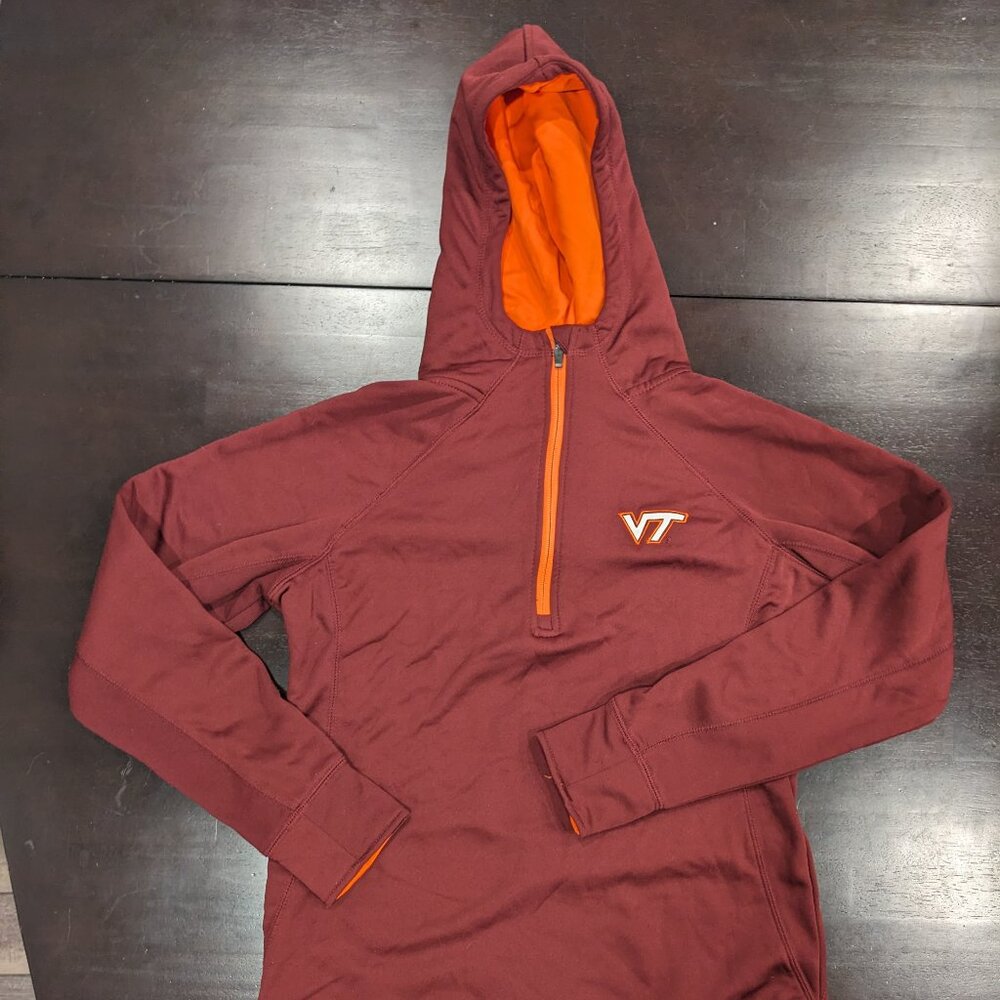 Large Colosseum Maroon and Orange Women's Hoodie. Virginia Tech Logo